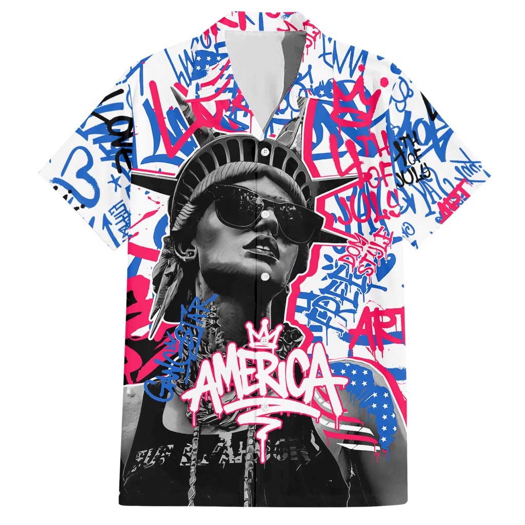 Statue of Liberty Graffiti Street Art Family Matching Short Sleeve Bodycon Dress and Hawaiian Shirt America Text and 4th of July Theme in Red White and Blue Design - Wonder Print Shop