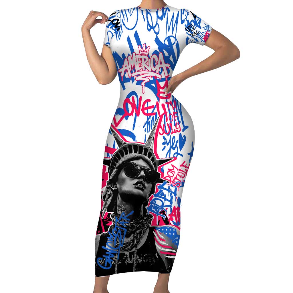 Statue of Liberty Graffiti Street Art Family Matching Short Sleeve Bodycon Dress and Hawaiian Shirt America Text and 4th of July Theme in Red White and Blue Design - Wonder Print Shop