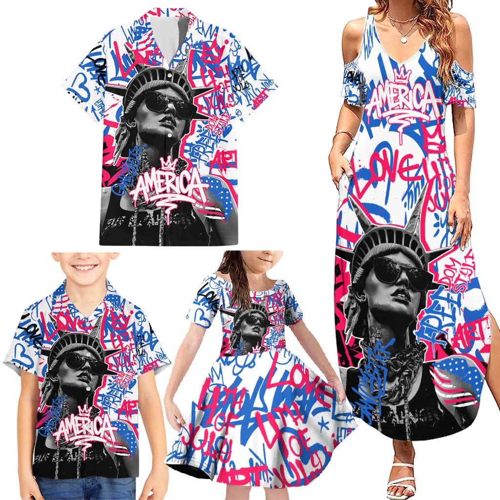 Statue of Liberty Graffiti Street Art Family Matching Summer Maxi Dress and Hawaiian Shirt America Text and 4th of July Theme in Red White and Blue Design - Wonder Print Shop