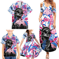 Statue of Liberty Graffiti Street Art Family Matching Summer Maxi Dress and Hawaiian Shirt America Text and 4th of July Theme in Red White and Blue Design - Wonder Print Shop