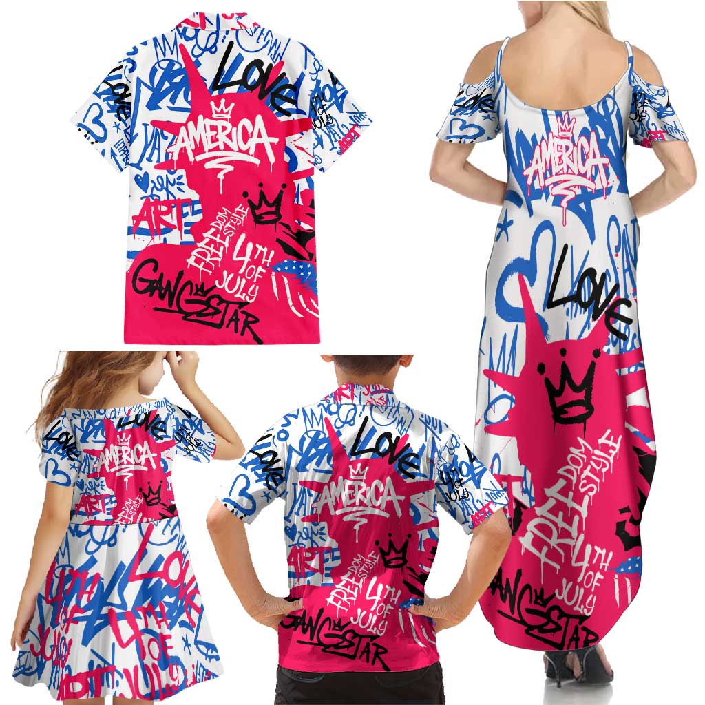 Statue of Liberty Graffiti Street Art Family Matching Summer Maxi Dress and Hawaiian Shirt America Text and 4th of July Theme in Red White and Blue Design - Wonder Print Shop