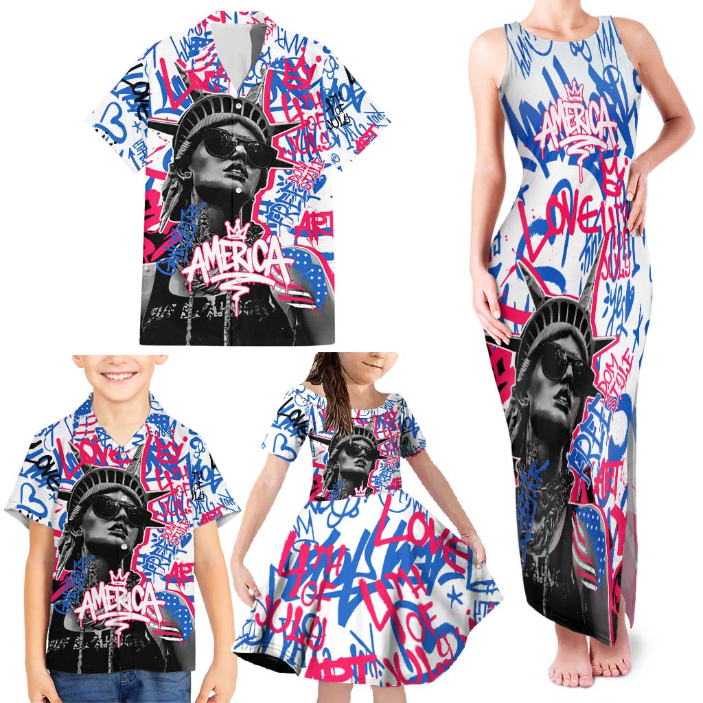 Statue of Liberty Graffiti Street Art Family Matching Tank Maxi Dress and Hawaiian Shirt America Text and 4th of July Theme in Red White and Blue Design - Wonder Print Shop