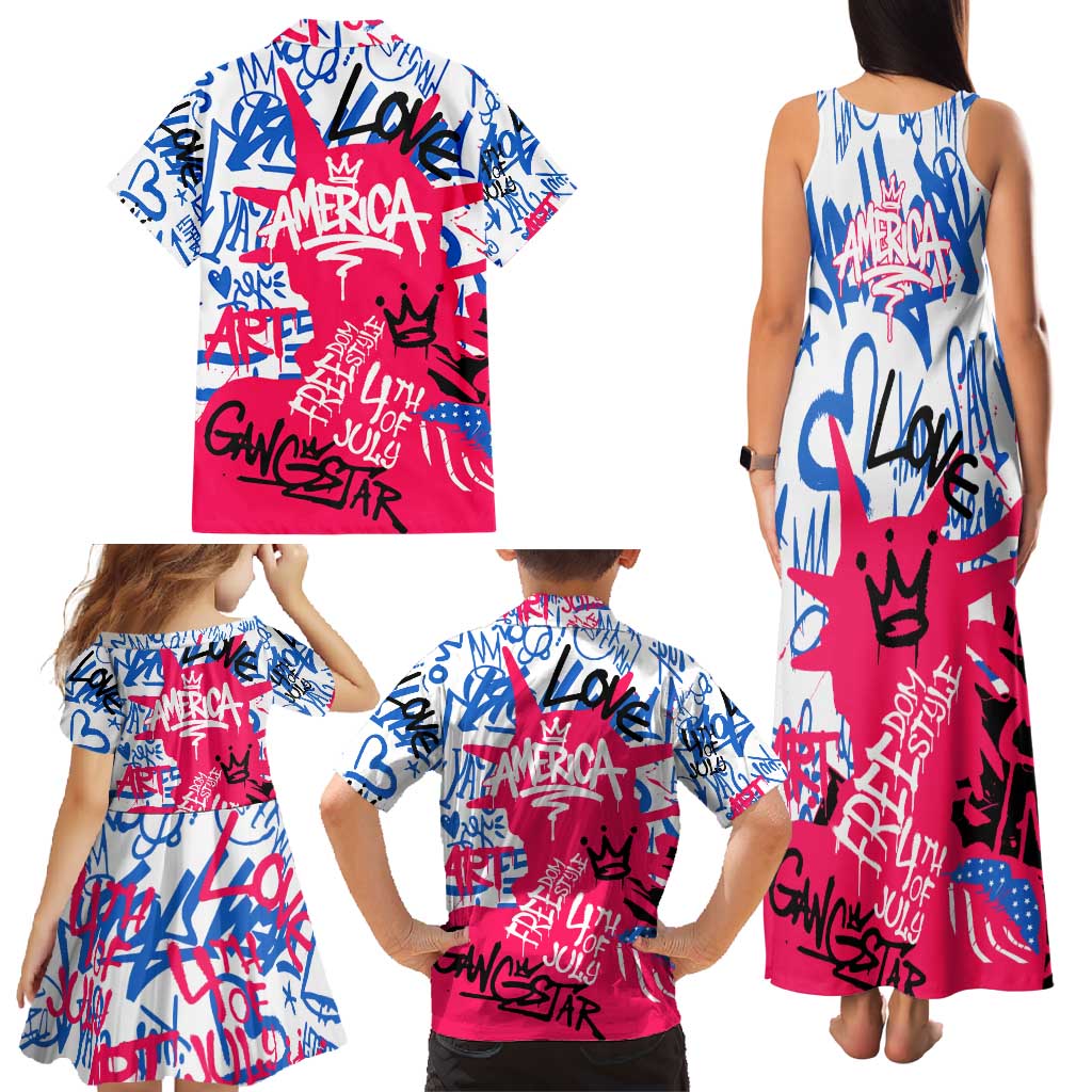 Statue of Liberty Graffiti Street Art Family Matching Tank Maxi Dress and Hawaiian Shirt America Text and 4th of July Theme in Red White and Blue Design - Wonder Print Shop