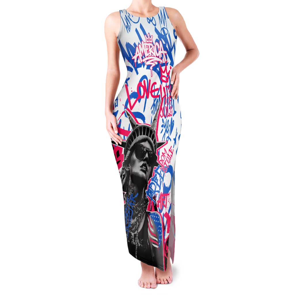 Statue of Liberty Graffiti Street Art Family Matching Tank Maxi Dress and Hawaiian Shirt America Text and 4th of July Theme in Red White and Blue Design - Wonder Print Shop