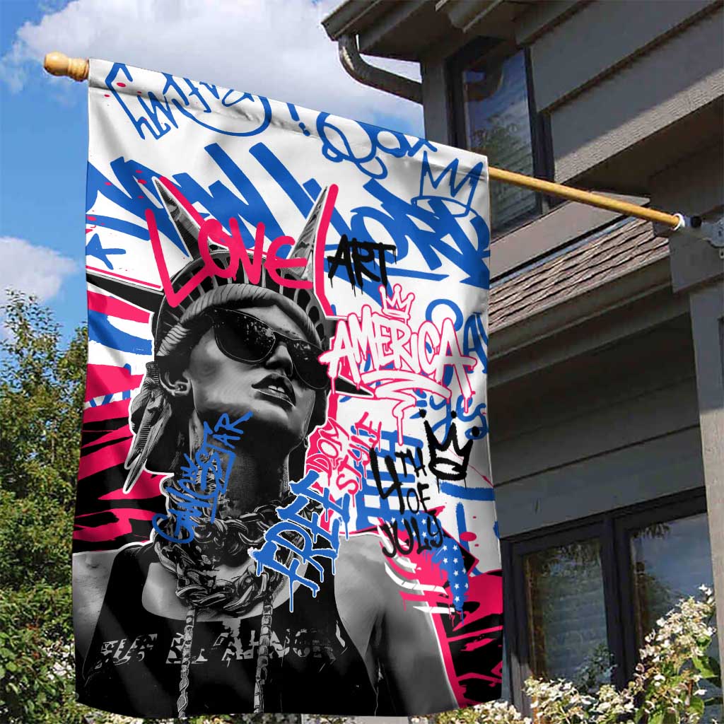 Statue of Liberty Graffiti Street Art Garden Flag America Text and 4th of July Theme in Red White and Blue Design - Wonder Print Shop