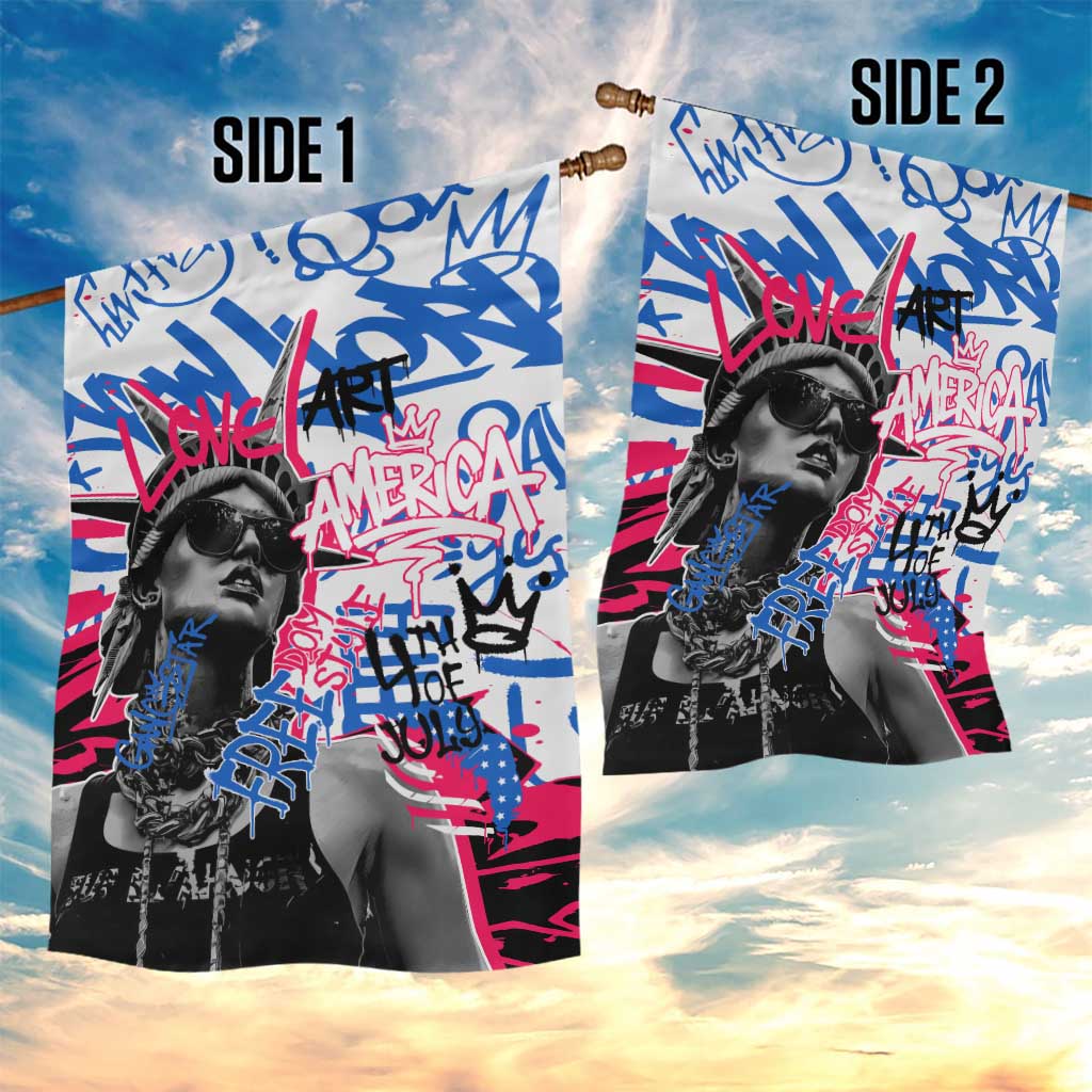Statue of Liberty Graffiti Street Art Garden Flag America Text and 4th of July Theme in Red White and Blue Design - Wonder Print Shop