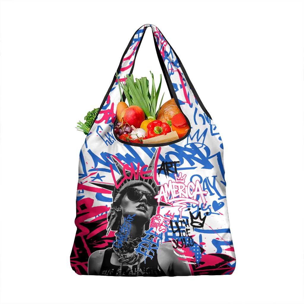Statue of Liberty Graffiti Street Art Grocery Bag America Text and 4th of July Theme in Red White and Blue Design - Wonder Print Shop