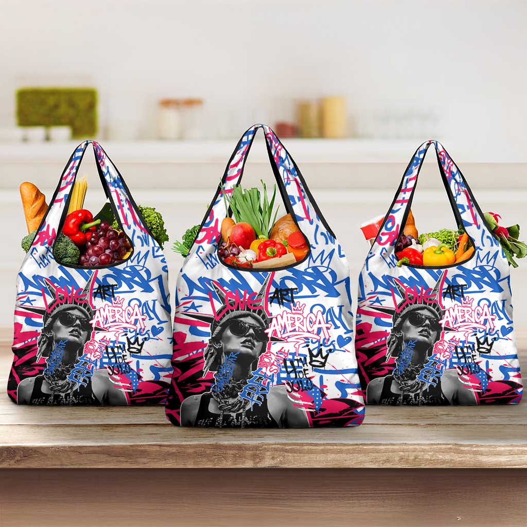 Statue of Liberty Graffiti Street Art Grocery Bag America Text and 4th of July Theme in Red White and Blue Design - Wonder Print Shop