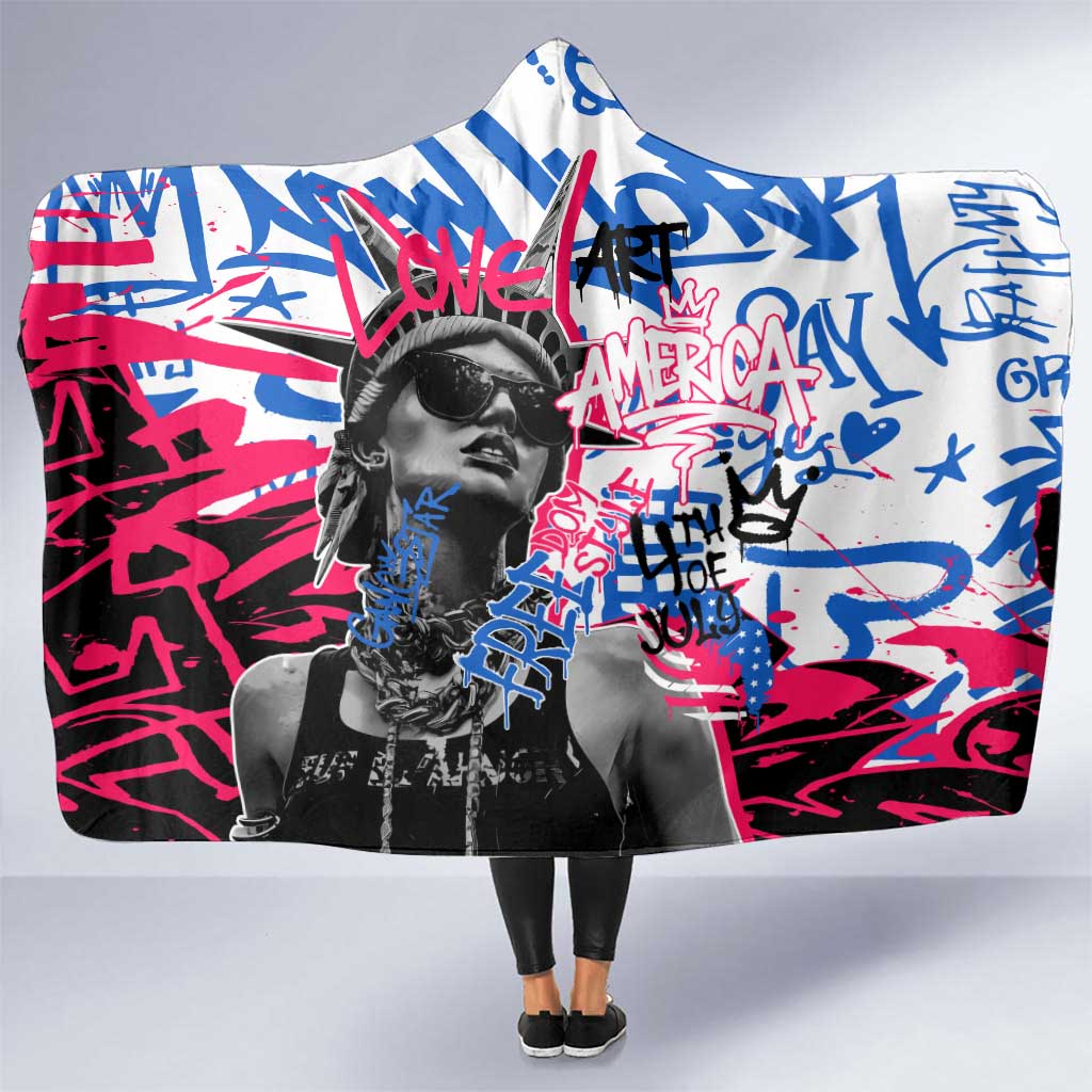 Statue of Liberty Graffiti Street Art Hooded Blanket America Text and 4th of July Theme in Red White and Blue Design - Wonder Print Shop