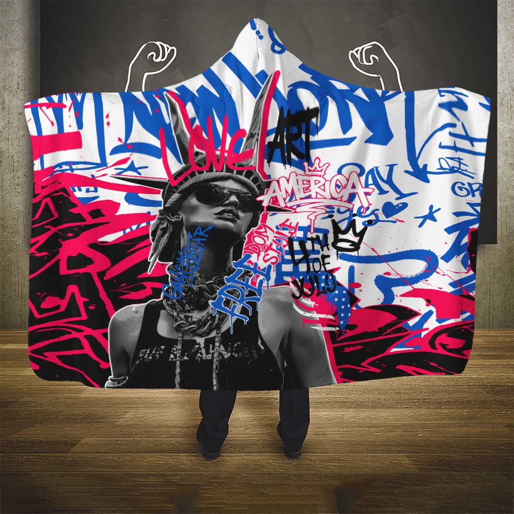 Statue of Liberty Graffiti Street Art Hooded Blanket America Text and 4th of July Theme in Red White and Blue Design - Wonder Print Shop