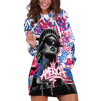 Statue of Liberty Graffiti Street Art Hoodie Dress America Text and 4th of July Theme in Red White and Blue Design - Wonder Print Shop