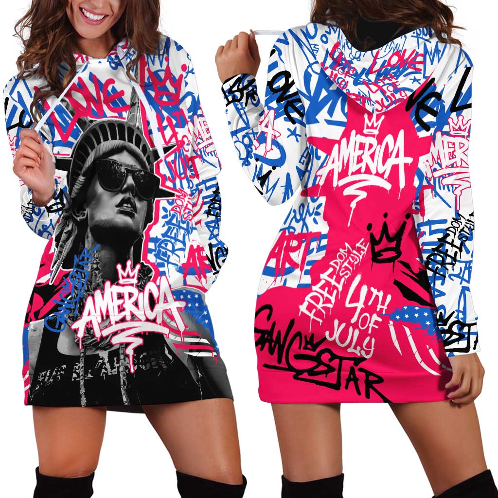 Statue of Liberty Graffiti Street Art Hoodie Dress America Text and 4th of July Theme in Red White and Blue Design - Wonder Print Shop