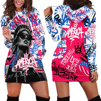 Statue of Liberty Graffiti Street Art Hoodie Dress America Text and 4th of July Theme in Red White and Blue Design - Wonder Print Shop