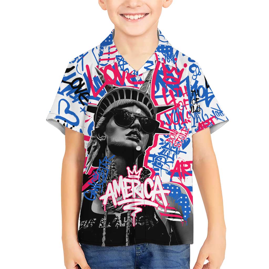 Statue of Liberty Graffiti Street Art Kid Hawaiian Shirt America Text and 4th of July Theme in Red White and Blue Design - Wonder Print Shop
