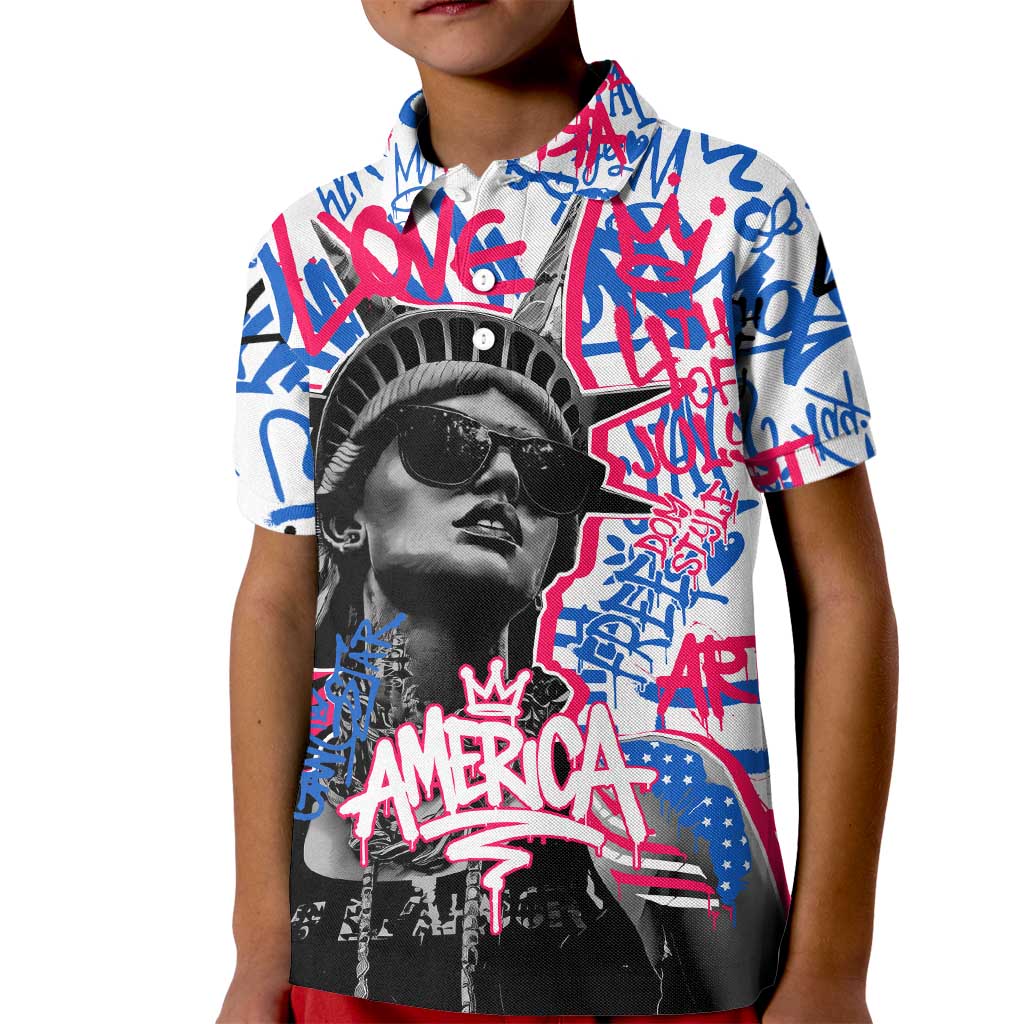 Statue of Liberty Graffiti Street Art Kid Polo Shirt America Text and 4th of July Theme in Red White and Blue Design - Wonder Print Shop