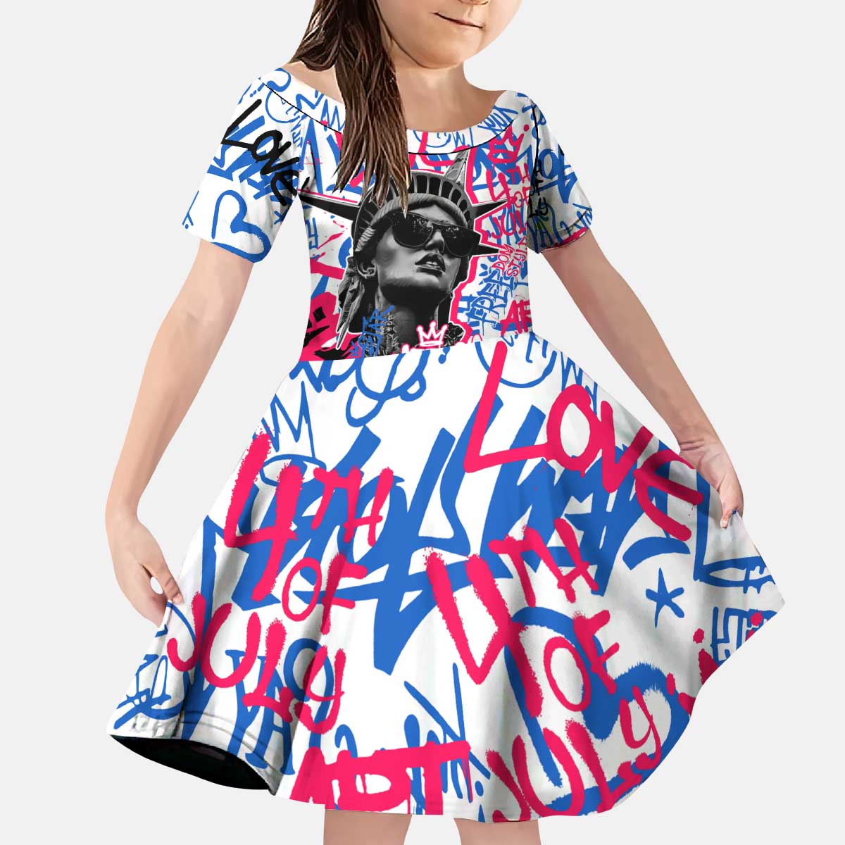Statue of Liberty Graffiti Street Art Kid Short Sleeve Dress America Text and 4th of July Theme in Red White and Blue Design - Wonder Print Shop
