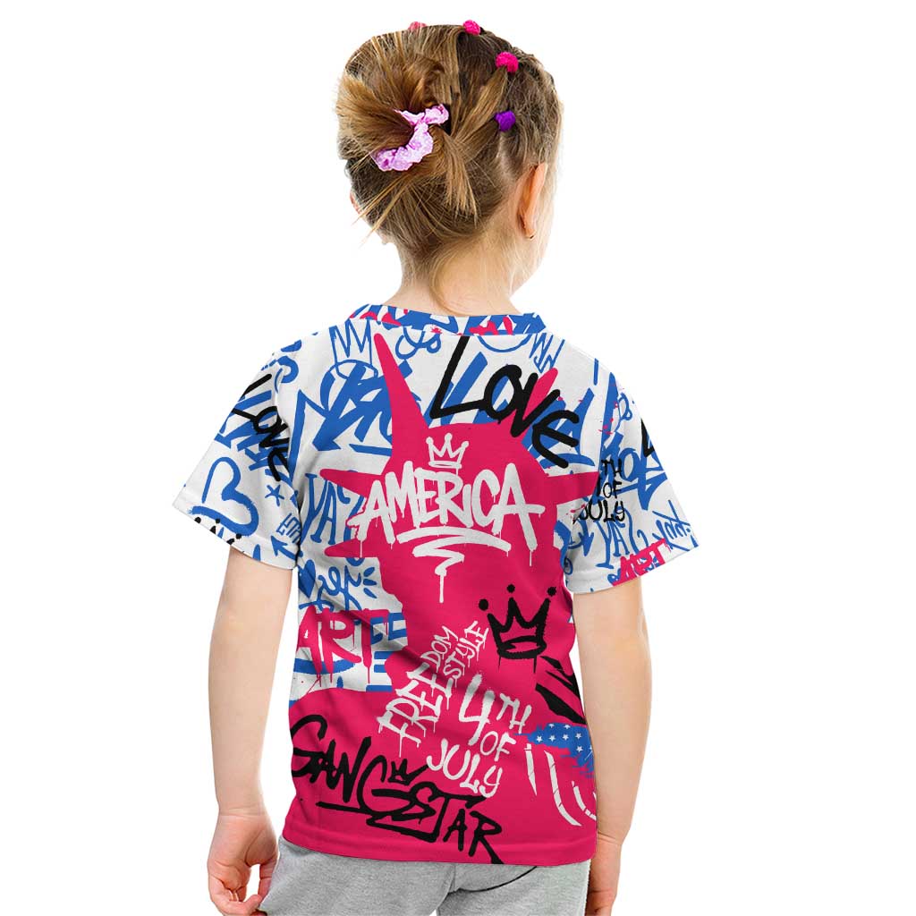 Statue of Liberty Graffiti Street Art Kid T Shirt America Text and 4th of July Theme in Red White and Blue Design - Wonder Print Shop