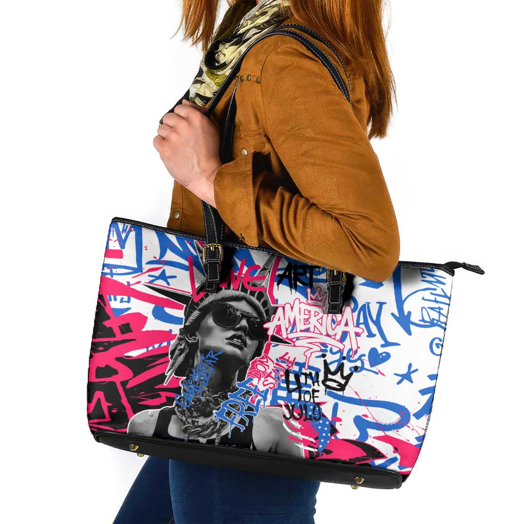 Statue of Liberty Graffiti Street Art Leather Tote Bag America Text and 4th of July Theme in Red White and Blue Design - Wonder Print Shop
