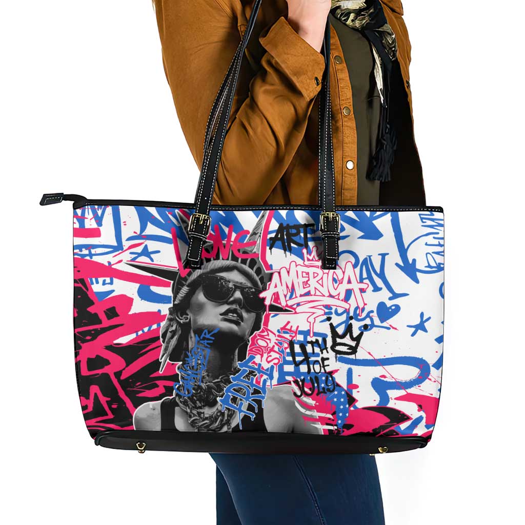 Statue of Liberty Graffiti Street Art Leather Tote Bag America Text and 4th of July Theme in Red White and Blue Design - Wonder Print Shop