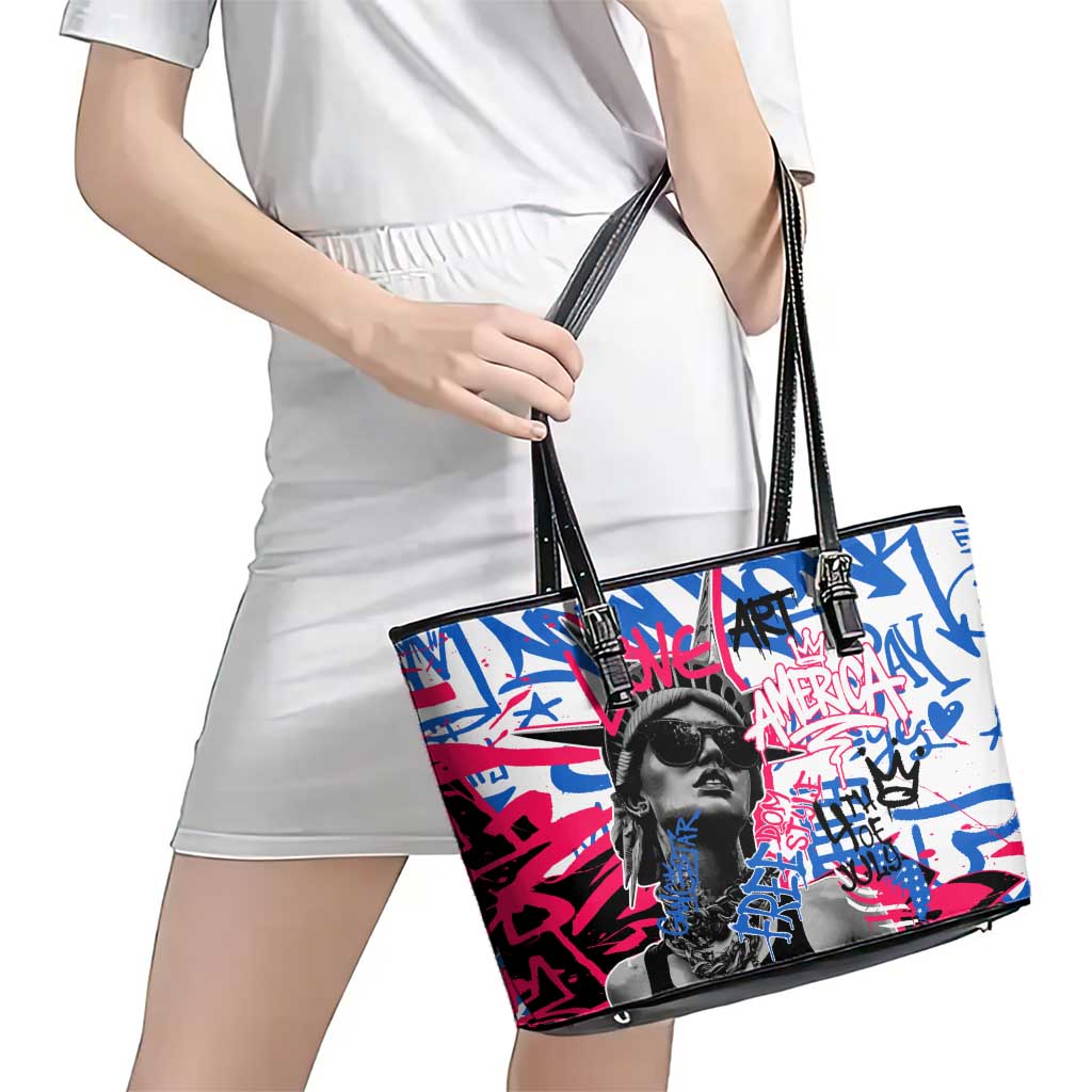 Statue of Liberty Graffiti Street Art Leather Tote Bag America Text and 4th of July Theme in Red White and Blue Design - Wonder Print Shop