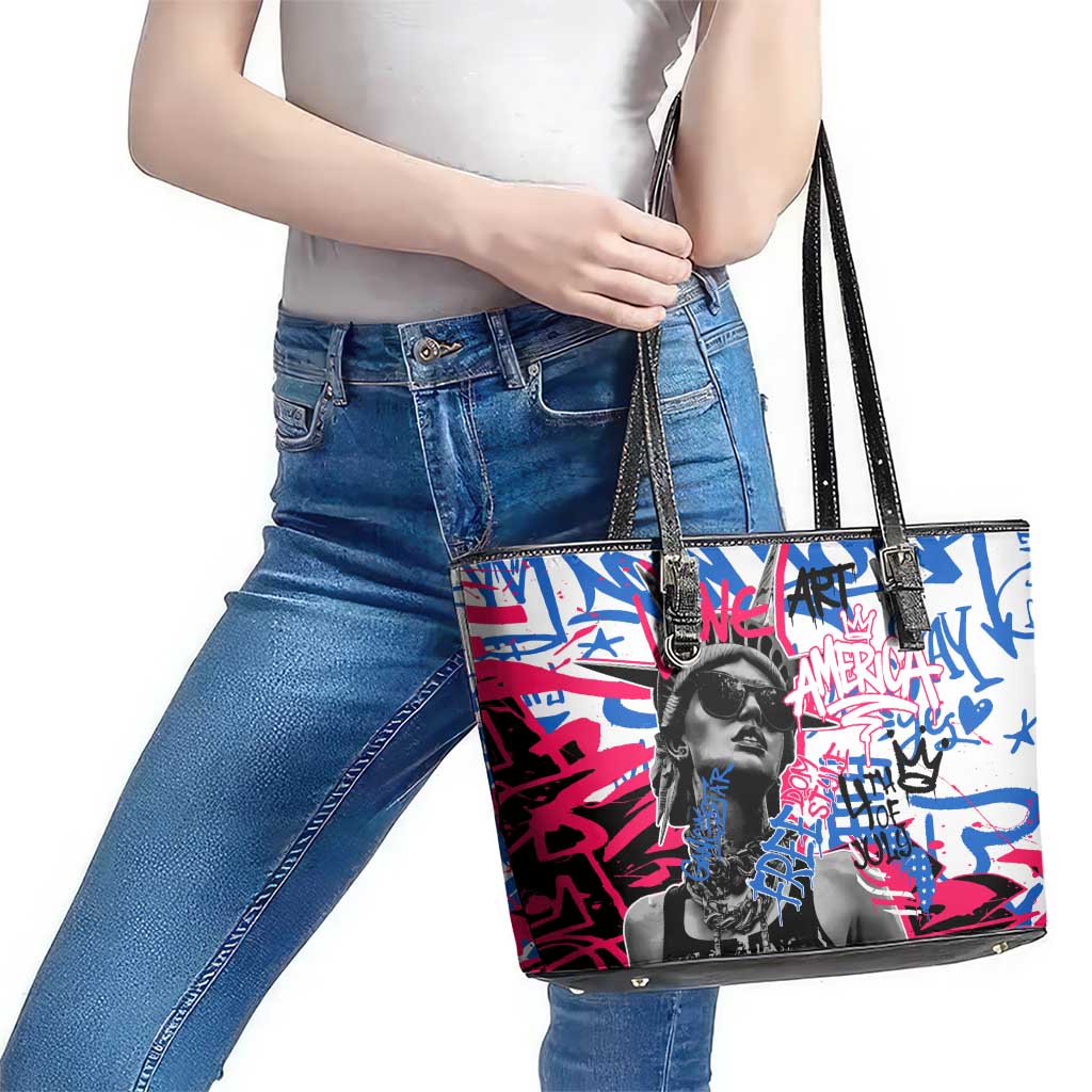 Statue of Liberty Graffiti Street Art Leather Tote Bag America Text and 4th of July Theme in Red White and Blue Design - Wonder Print Shop