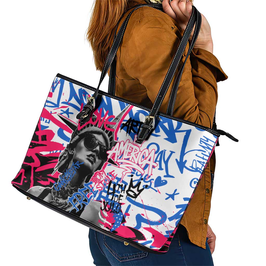 Statue of Liberty Graffiti Street Art Leather Tote Bag America Text and 4th of July Theme in Red White and Blue Design - Wonder Print Shop