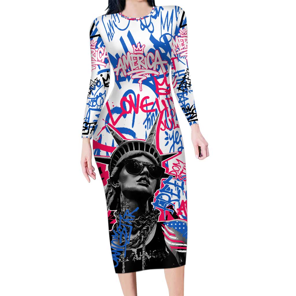 Statue of Liberty Graffiti Street Art Long Sleeve Bodycon Dress America Text and 4th of July Theme in Red White and Blue Design - Wonder Print Shop