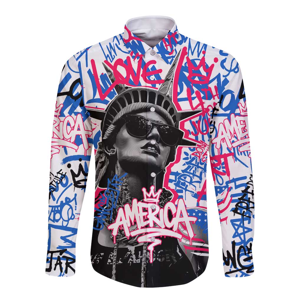 Statue of Liberty Graffiti Street Art Long Sleeve Button Shirt America Text and 4th of July Theme in Red White and Blue Design - Wonder Print Shop