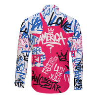 Statue of Liberty Graffiti Street Art Long Sleeve Button Shirt America Text and 4th of July Theme in Red White and Blue Design - Wonder Print Shop