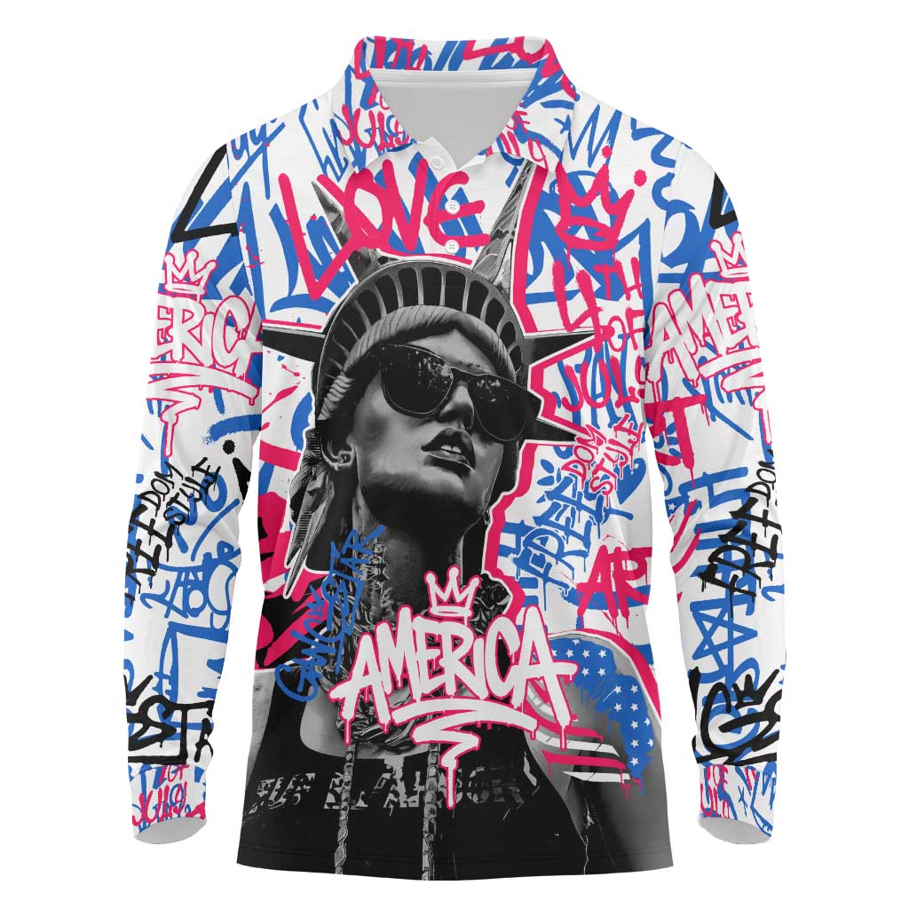 Statue of Liberty Graffiti Street Art Long Sleeve Polo Shirt America Text and 4th of July Theme in Red White and Blue Design - Wonder Print Shop
