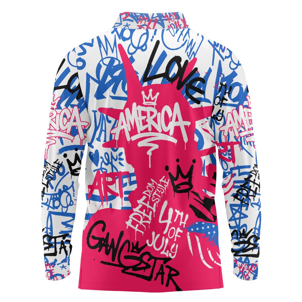 Statue of Liberty Graffiti Street Art Long Sleeve Polo Shirt America Text and 4th of July Theme in Red White and Blue Design - Wonder Print Shop