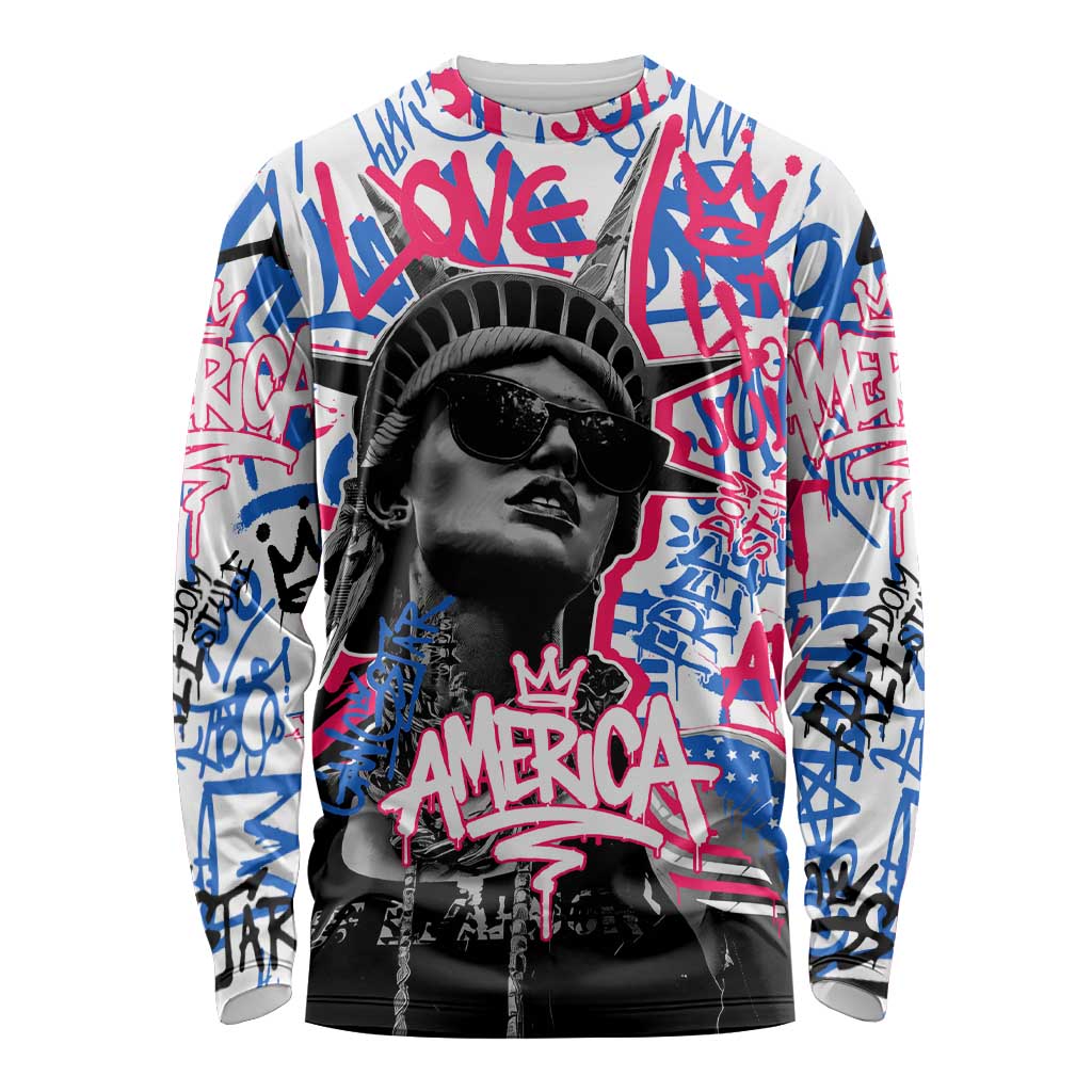Statue of Liberty Graffiti Street Art Long Sleeve Shirt America Text and 4th of July Theme in Red White and Blue Design - Wonder Print Shop