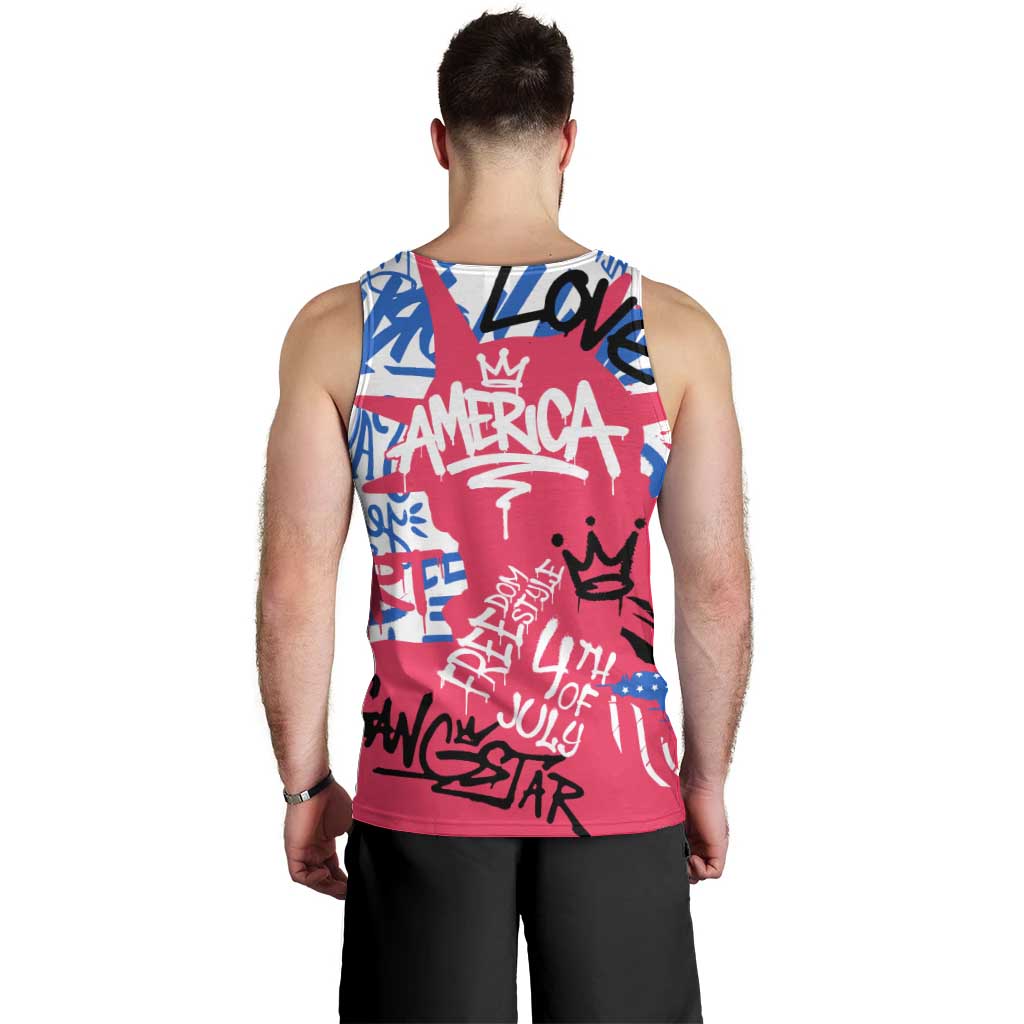 Statue of Liberty Graffiti Street Art Men Tank Top America Text and 4th of July Theme in Red White and Blue Design - Wonder Print Shop