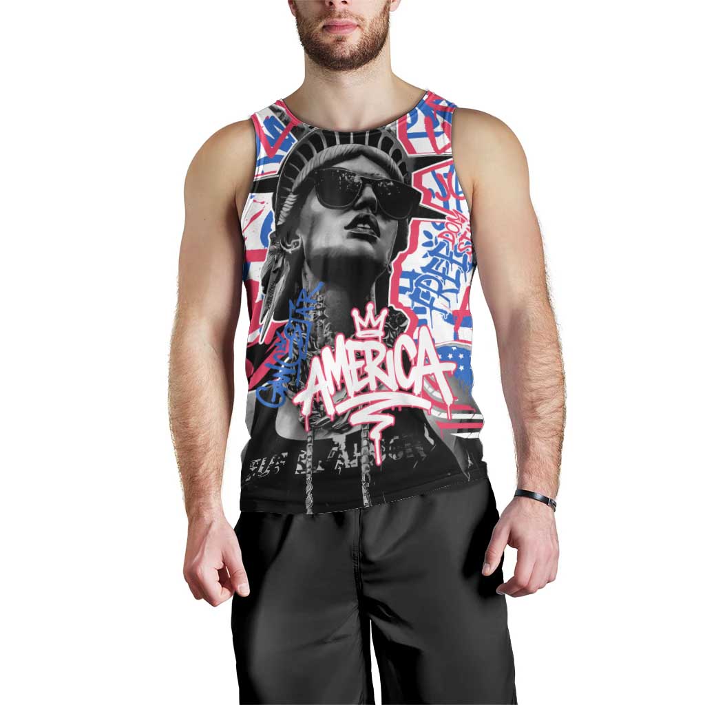 Statue of Liberty Graffiti Street Art Men Tank Top America Text and 4th of July Theme in Red White and Blue Design - Wonder Print Shop
