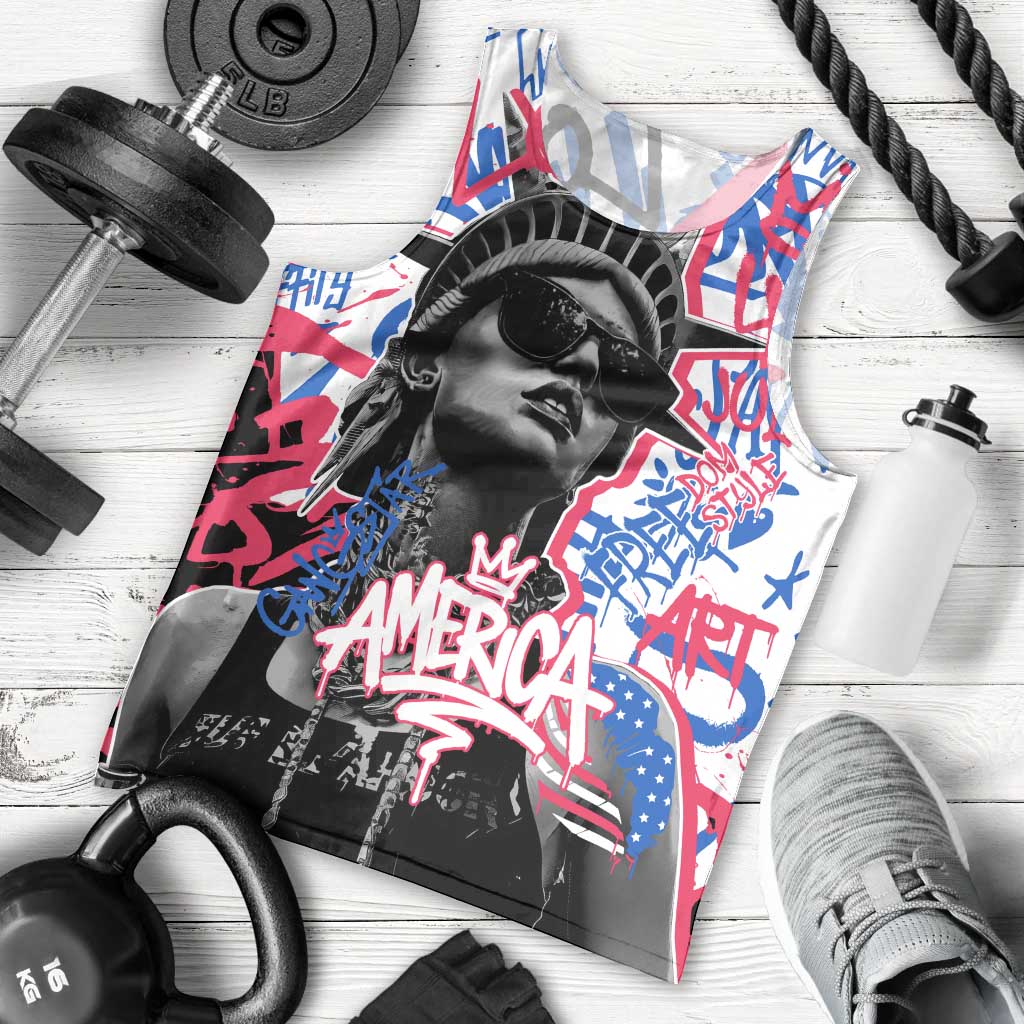 Statue of Liberty Graffiti Street Art Men Tank Top America Text and 4th of July Theme in Red White and Blue Design - Wonder Print Shop