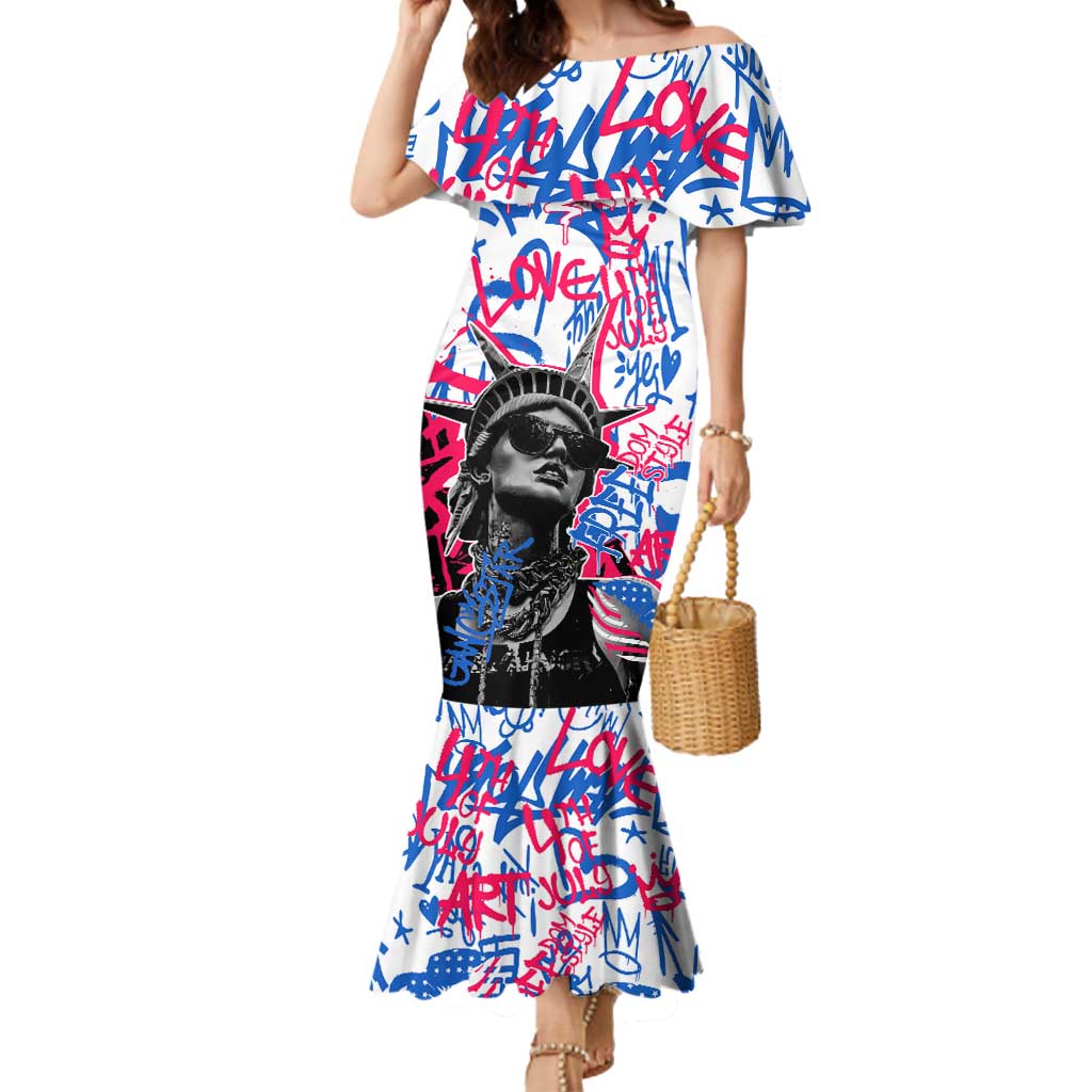 Statue of Liberty Graffiti Street Art Mermaid Dress America Text and 4th of July Theme in Red White and Blue Design - Wonder Print Shop