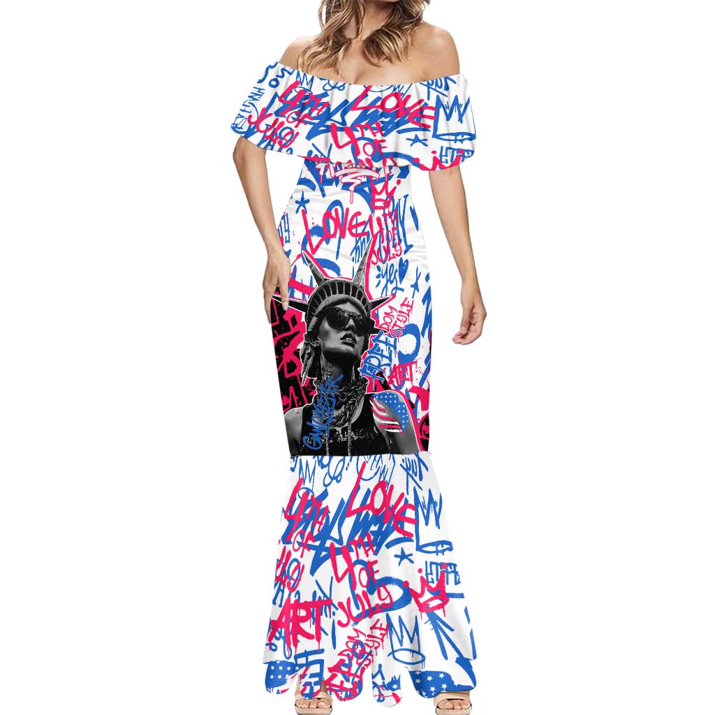 Statue of Liberty Graffiti Street Art Mermaid Dress America Text and 4th of July Theme in Red White and Blue Design - Wonder Print Shop