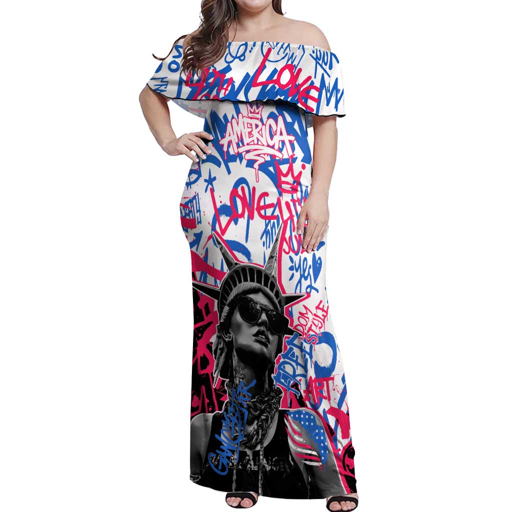 Statue of Liberty Graffiti Street Art Off Shoulder Maxi Dress America Text and 4th of July Theme in Red White and Blue Design - Wonder Print Shop