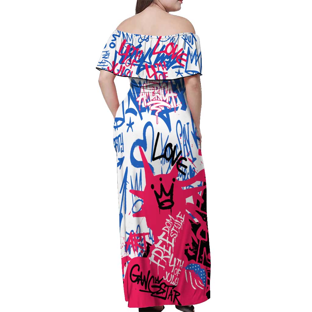 Statue of Liberty Graffiti Street Art Off Shoulder Maxi Dress America Text and 4th of July Theme in Red White and Blue Design - Wonder Print Shop