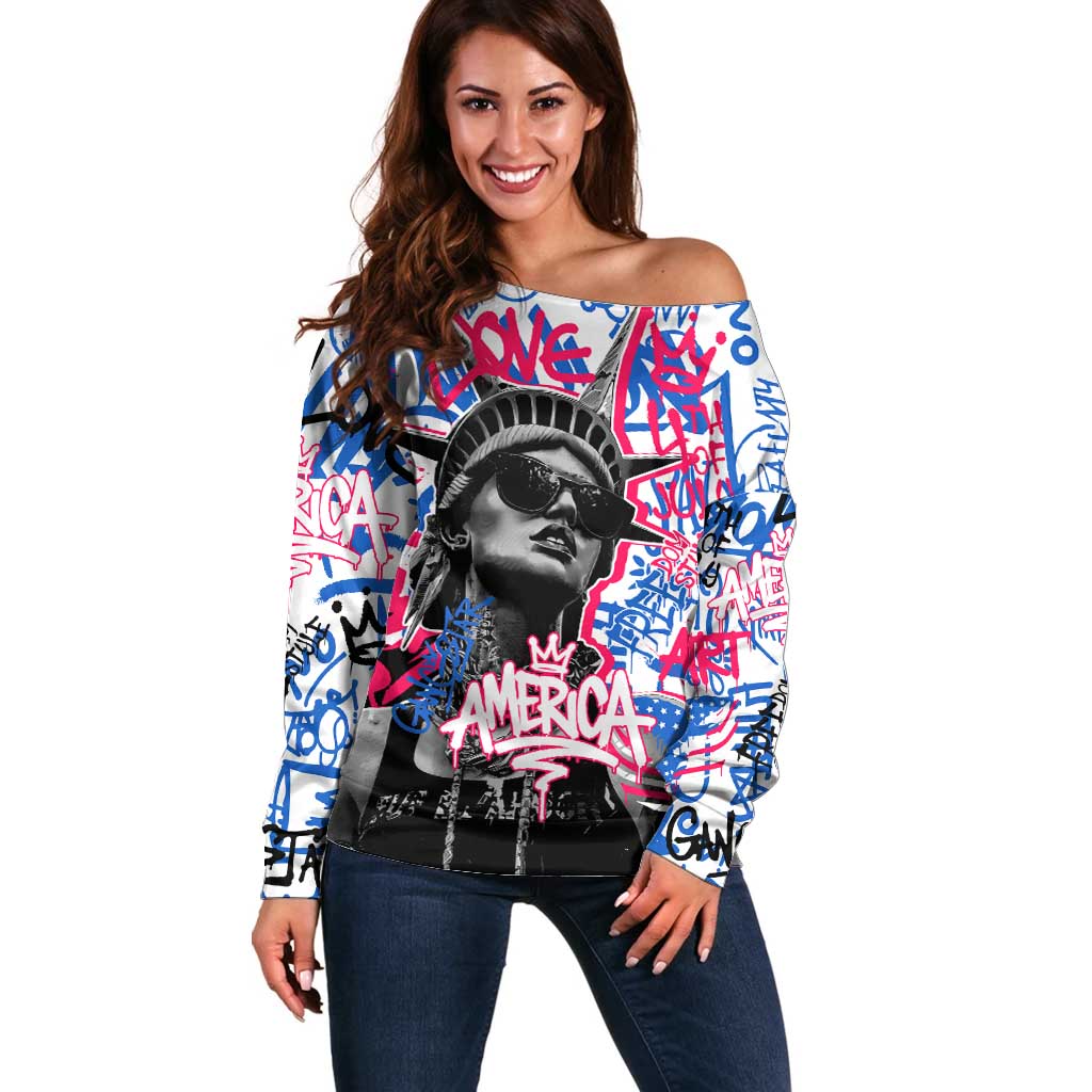 Statue of Liberty Graffiti Street Art Off Shoulder Sweater America Text and 4th of July Theme in Red White and Blue Design - Wonder Print Shop