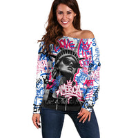Statue of Liberty Graffiti Street Art Off Shoulder Sweater America Text and 4th of July Theme in Red White and Blue Design - Wonder Print Shop