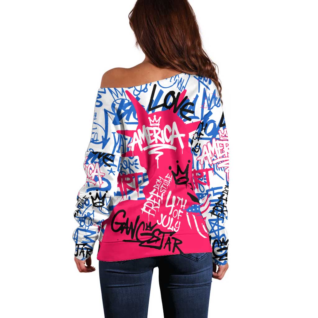 Statue of Liberty Graffiti Street Art Off Shoulder Sweater America Text and 4th of July Theme in Red White and Blue Design - Wonder Print Shop