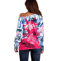 Statue of Liberty Graffiti Street Art Off Shoulder Sweater America Text and 4th of July Theme in Red White and Blue Design - Wonder Print Shop