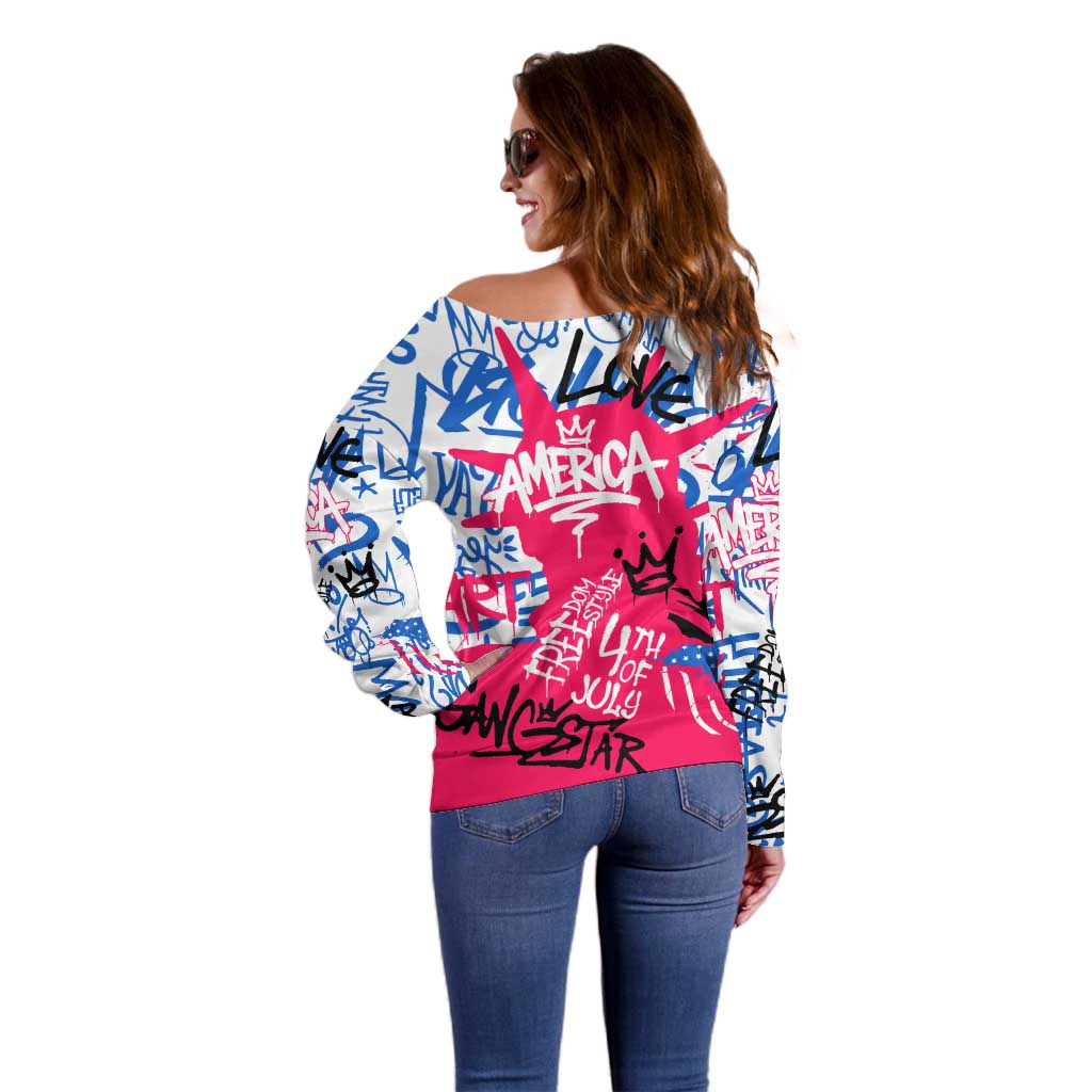 Statue of Liberty Graffiti Street Art Off Shoulder Sweater America Text and 4th of July Theme in Red White and Blue Design - Wonder Print Shop