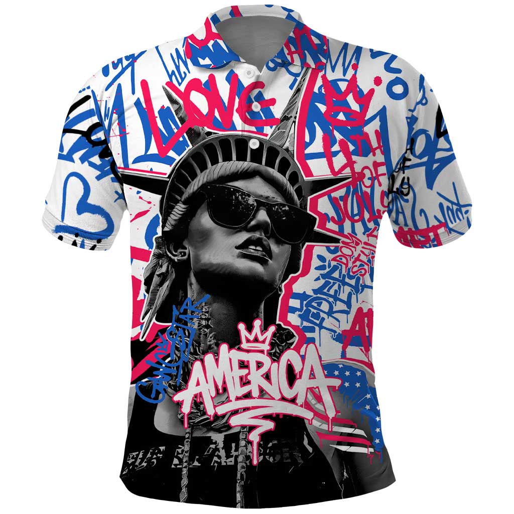 Statue of Liberty Graffiti Street Art Polo Shirt America Text and 4th of July Theme in Red White and Blue Design - Wonder Print Shop