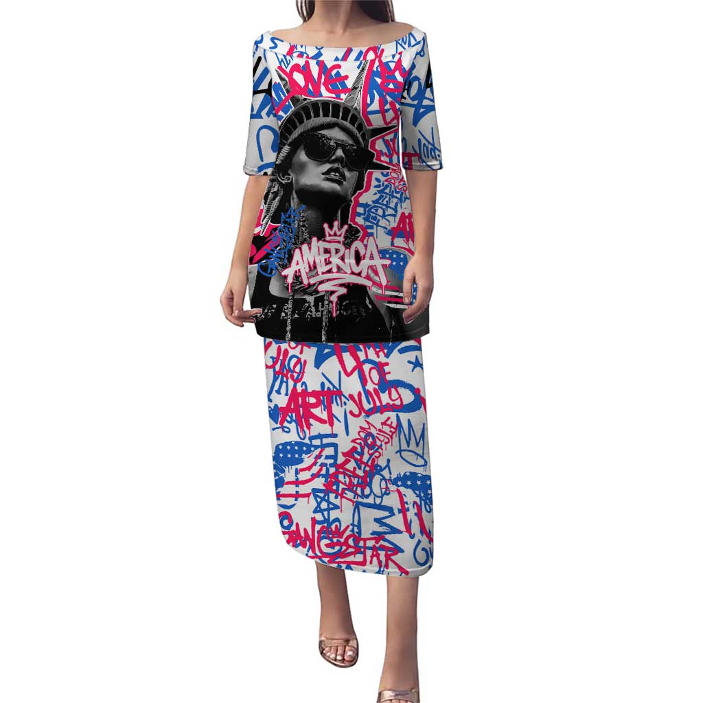 Statue of Liberty Graffiti Street Art Puletasi America Text and 4th of July Theme in Red White and Blue Design - Wonder Print Shop
