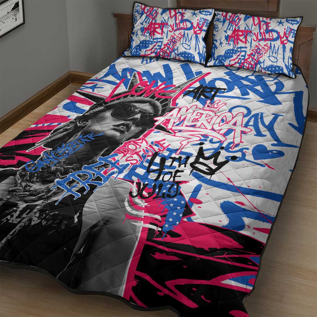 Statue of Liberty Graffiti Street Art Quilt Bed Set America Text and 4th of July Theme in Red White and Blue Design - Wonder Print Shop
