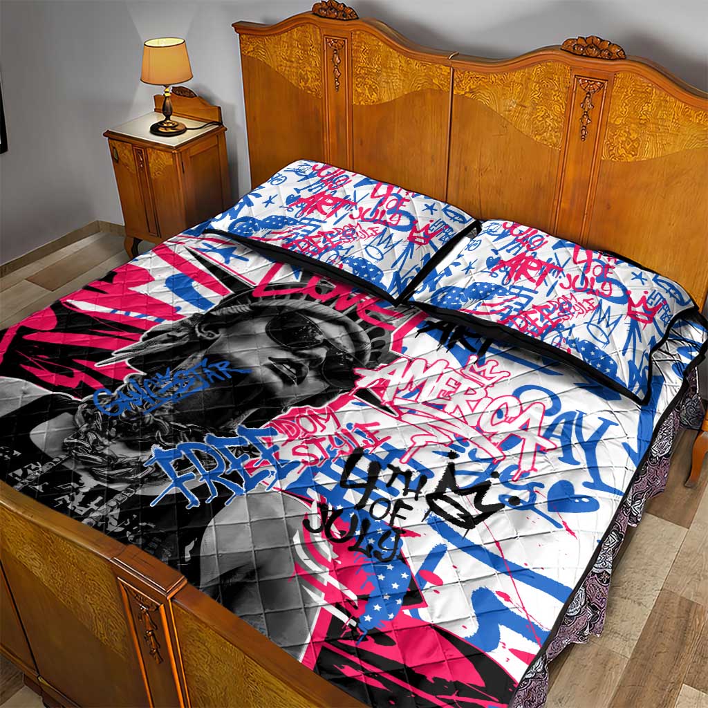 Statue of Liberty Graffiti Street Art Quilt Bed Set America Text and 4th of July Theme in Red White and Blue Design - Wonder Print Shop