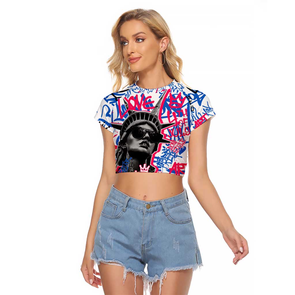 Statue of Liberty Graffiti Street Art Raglan Cropped T Shirt America Text and 4th of July Theme in Red White and Blue Design - Wonder Print Shop