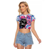 Statue of Liberty Graffiti Street Art Raglan Cropped T Shirt America Text and 4th of July Theme in Red White and Blue Design - Wonder Print Shop